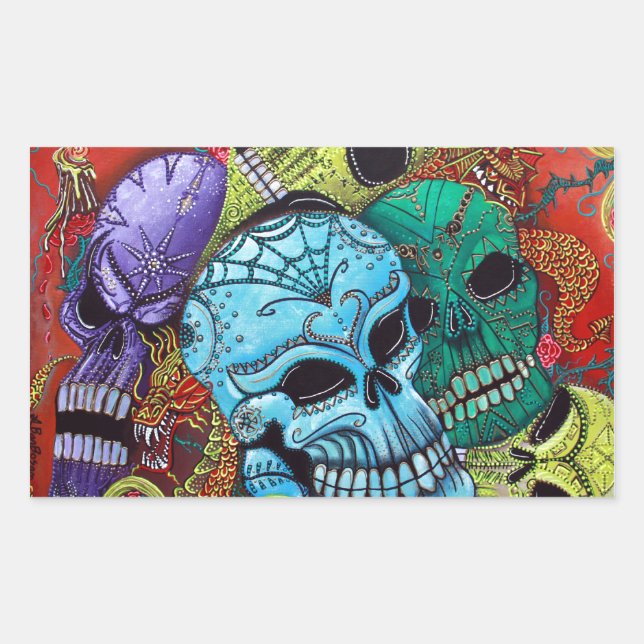 Sugar Skull Dragon Art Rectangular Sticker (Front)