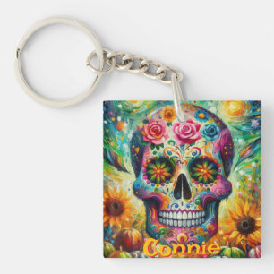Sugar Skull Floral Roses Sunflower Personalised Key Ring