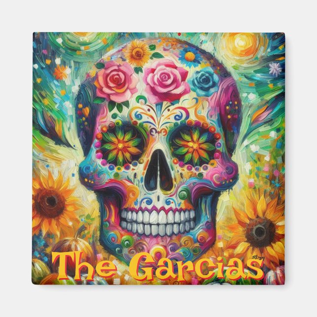 Sugar Skull Floral Roses Sunflower Personalised Magnet (Front)