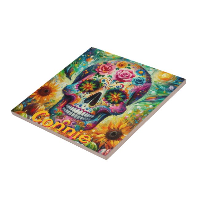 Sugar Skull Floral Roses Sunflower Personalised Tile (Side)