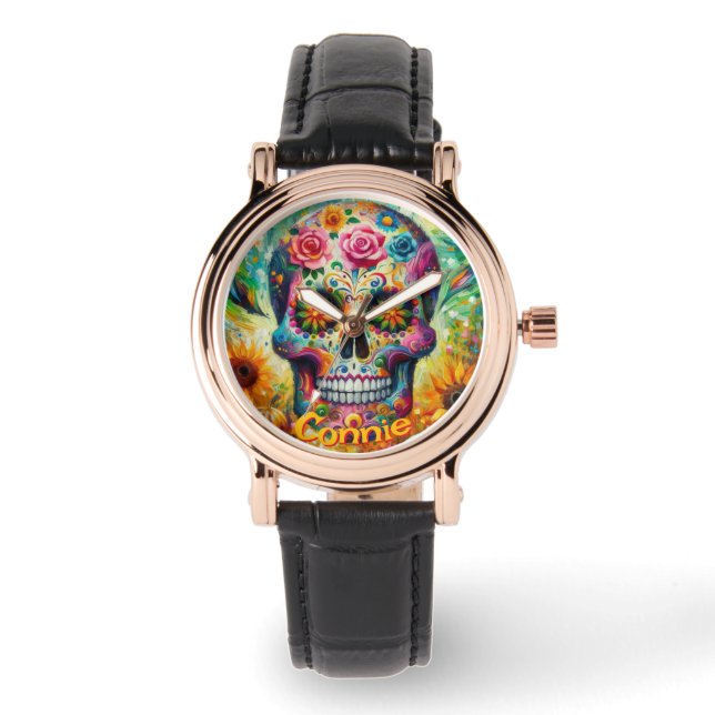 Sugar Skull Floral Roses Sunflower Personalised Watch (Front)