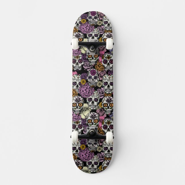 Sugar Skull Flower Ink Drawing Skateboard Deck (Front)