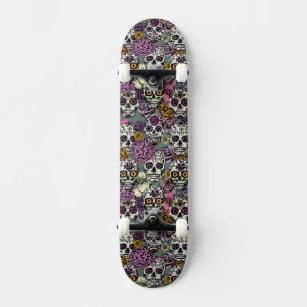 Sugar Skull Flower Ink Drawing Skateboard Deck