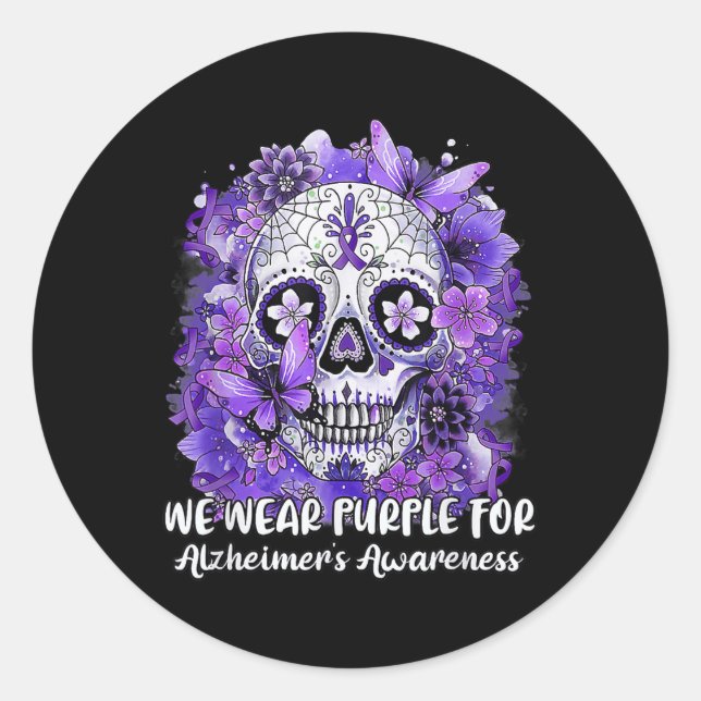 Sugar Skull Flower Wear Purple Ribbon Alzheimer Aw Classic Round Sticker (Front)