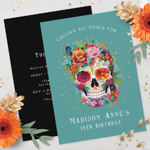 Sugar Skull Flowers Calling All Souls Birthday Invitation