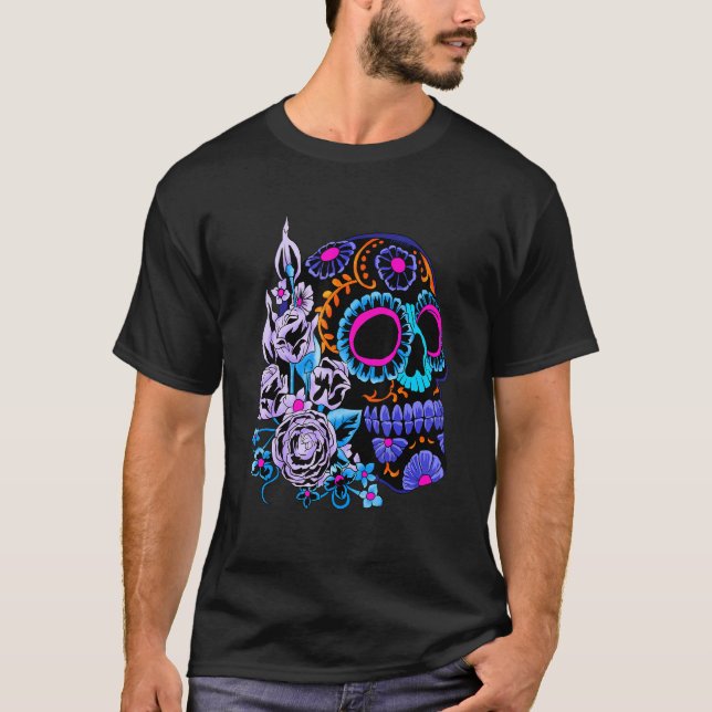 Sugar Skull Flowers Day Of The Dead Dia Muertos  I T-Shirt (Front)