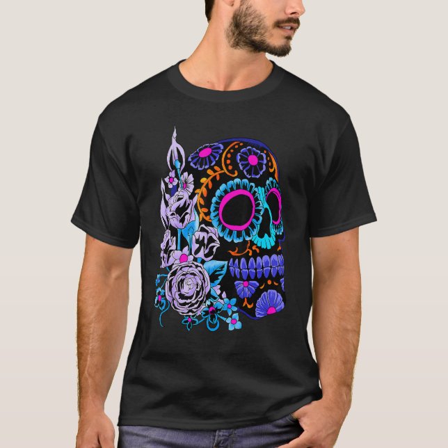Sugar Skull Flowers Day Of The Dead Dia Muertos T-Shirt (Front)