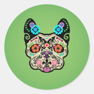 Sugar Skull Frenchie - Green Classic Round Sticker