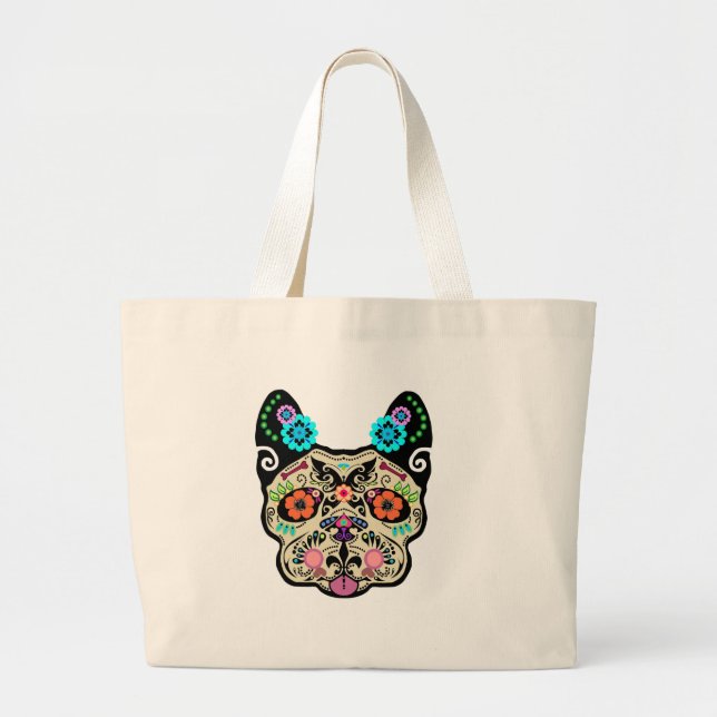 Sugar Skull Frenchie Large Tote Bag (Front)