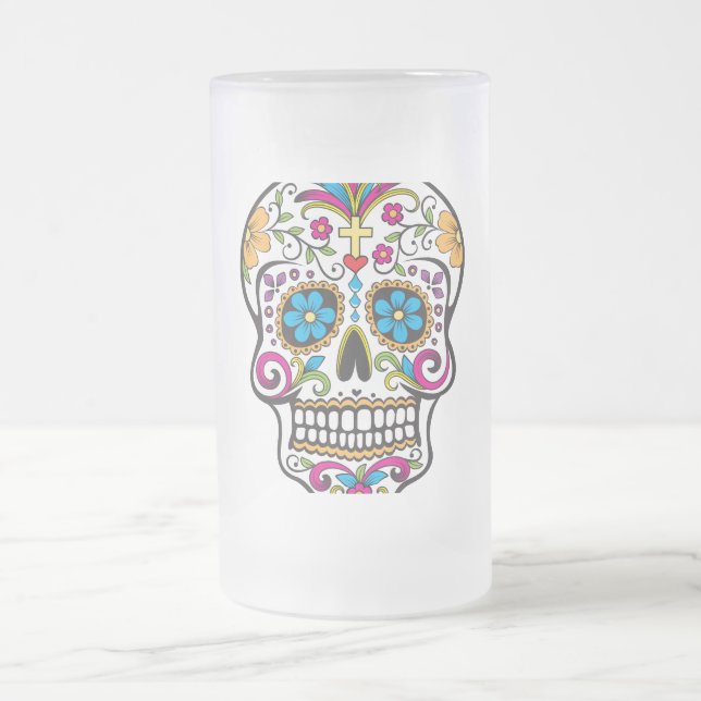 Sugar Skull Frosted Glass Beer Mug (Center)