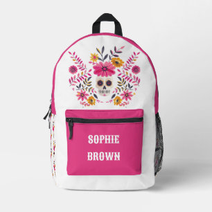 Sugar Skull Fuchsia Flowers Custom Name Printed Backpack