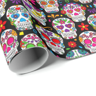 sugar skull gift wrap  bright colours on black
