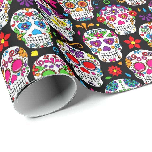 sugar skull gift wrap  bright colours on black (Roll Corner)