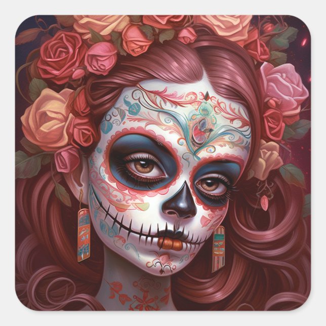 Sugar Skull Girl Day Of The Dead Square Sticker (Front)