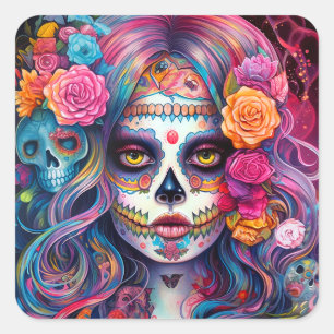 Sugar Skull Girl Day Of The Dead Square Sticker