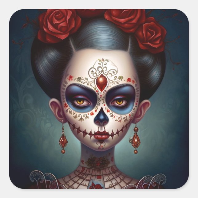 Sugar Skull Girl Day Of The Dead Square Sticker (Front)
