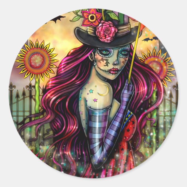 Sugar Skull Girl Fantasy Halloween Art Classic Round Sticker (Front)