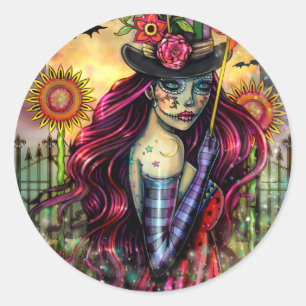 Sugar Skull Girl Fantasy Halloween Art Classic Round Sticker