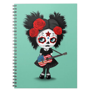 Sugar Skull Girl Playing American Flag Guitar Notebook