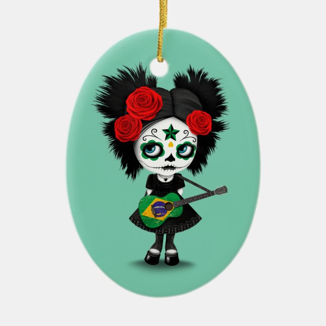 Sugar Skull Girl Playing Brazilian Flag Guitar Ceramic Tree Decoration (Front)