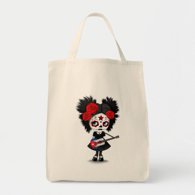 Sugar Skull Girl Playing Cuban Flag Guitar Tote Bag (Front)