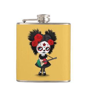Sugar Skull Girl Playing Mexican Flag Guitar Hip Flask