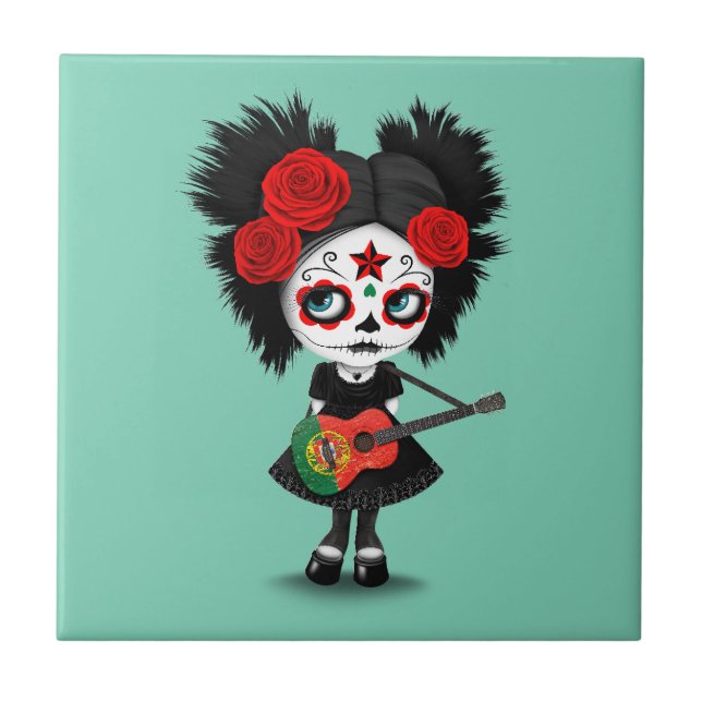 Sugar Skull Girl Playing Portuguese Flag Guitar Tile (Front)