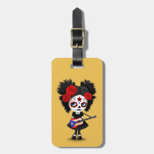 Sugar Skull Girl Playing Puerto Rican Flag Guitar Luggage Tag