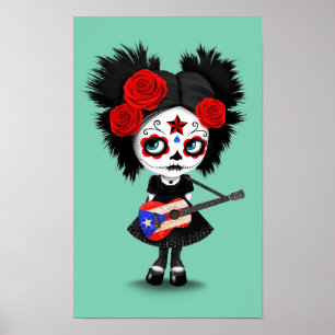 Sugar Skull Girl Playing Puerto Rican Flag Guitar Poster