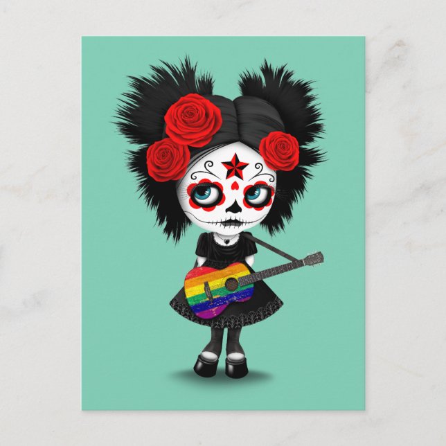 Sugar Skull Girl Playing Rainbow Flag Guitar Postcard (Front)