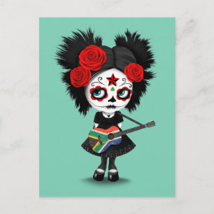 Sugar Skull Girl Playing South African Flag Guitar Postcard