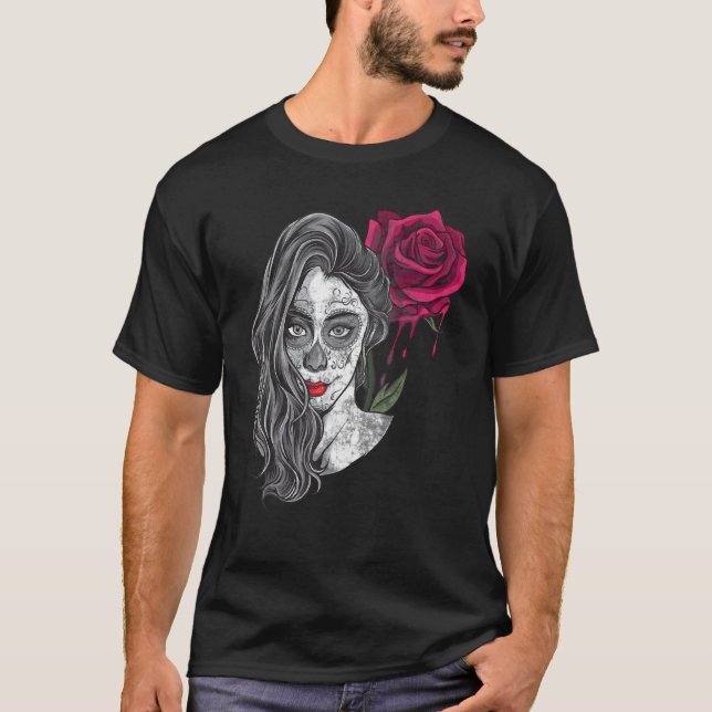 Sugar Skull Girl With Mexican Death Mask And Rose  T-Shirt (Front)