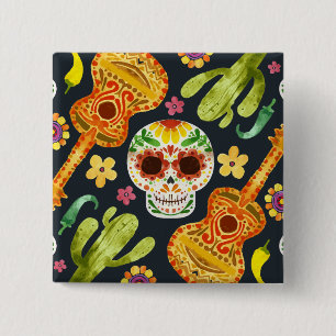 Sugar Skull & Guitars Dia de Muertos Button