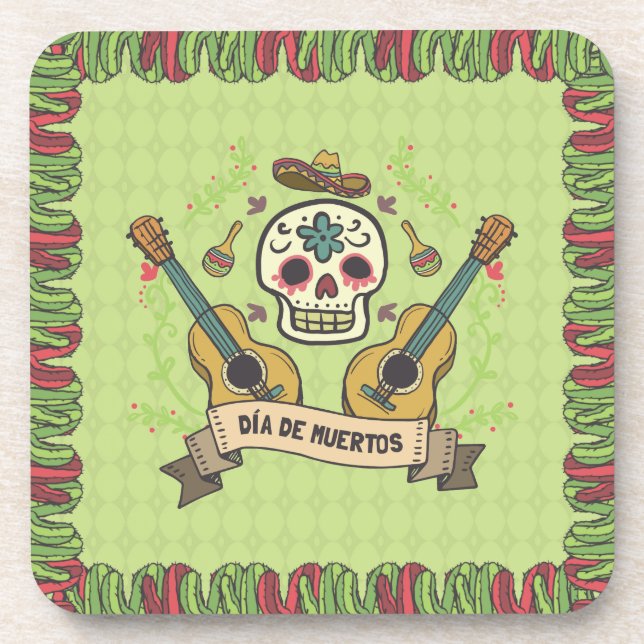 Sugar Skull & Guitars Dia de Muertos | Coaster (Front)