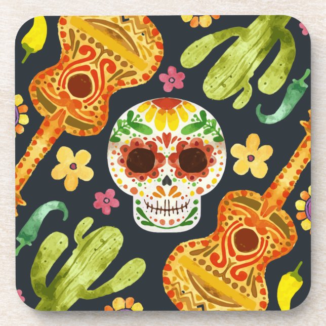 Sugar Skull & Guitars Dia de Muertos | Coaster (Front)