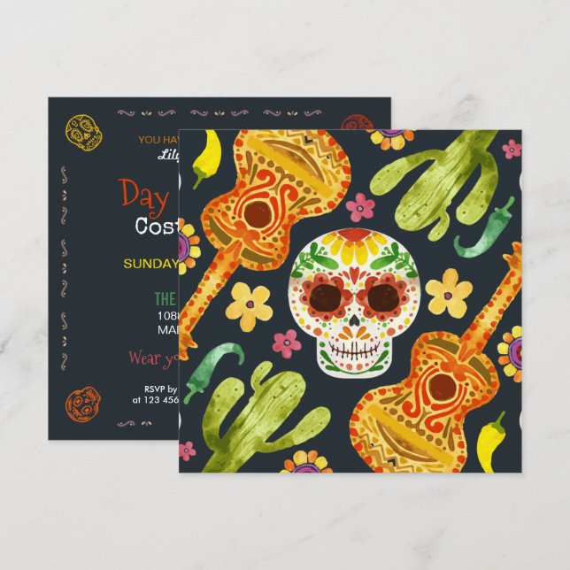 Sugar Skull & Guitars Dia de Muertos Invitation (Front/Back)