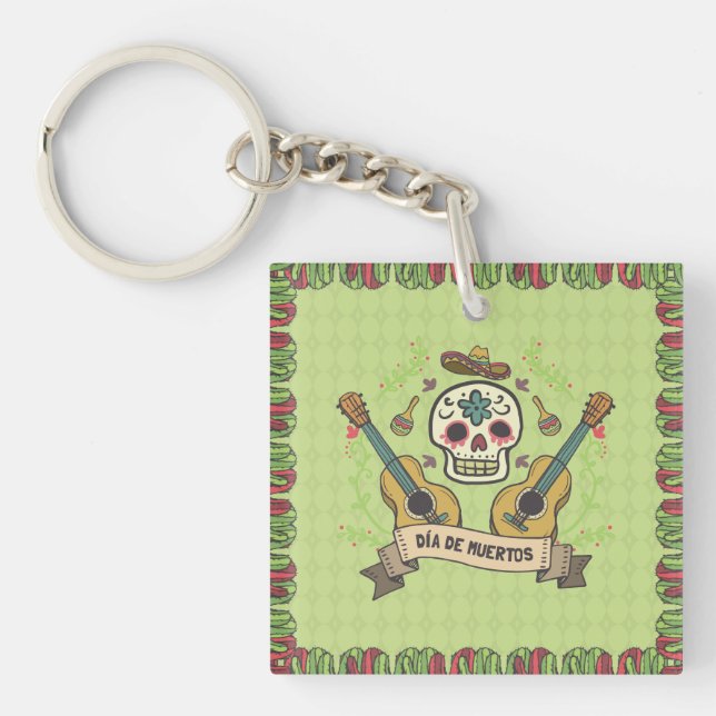 Sugar Skull & Guitars Dia de Muertos | Keychain (Front)