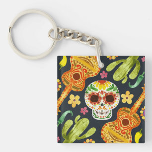 Sugar Skull & Guitars Dia de Muertos   Keychain