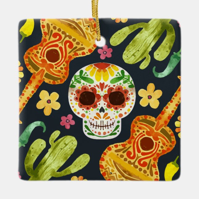 Sugar Skull & Guitars Dia de Muertos | Ornament (Front)