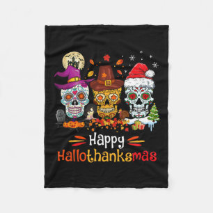 Sugar Skull Hallothanksmas Halloween Thanksgiving Fleece Blanket