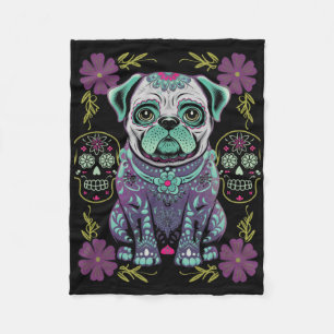 Sugar Skull Halloween Day Dead Pug Dia Los Muertos Fleece Blanket