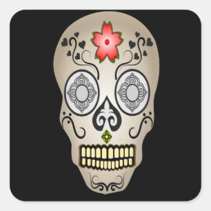 Sugar Skull Halloween Day of the Dead Flowers Square Sticker