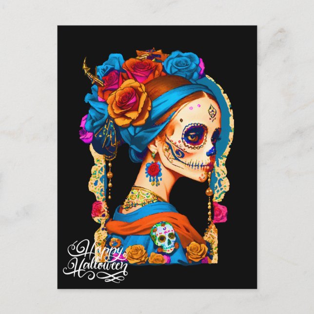 Sugar Skull Halloween, Dia de los Muertos Postcard (Front)