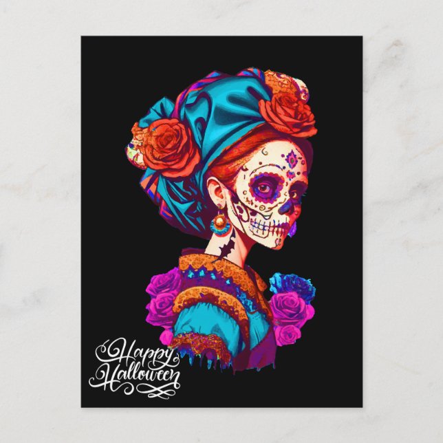 Sugar Skull Halloween, Dia de los Muertos Postcard (Front)
