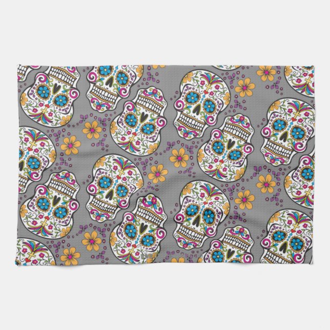 Sugar Skull Halloween Grey Tea Towel (Horizontal)