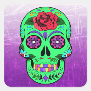 Sugar Skull Halloween Lime Green  Purple Square Sticker