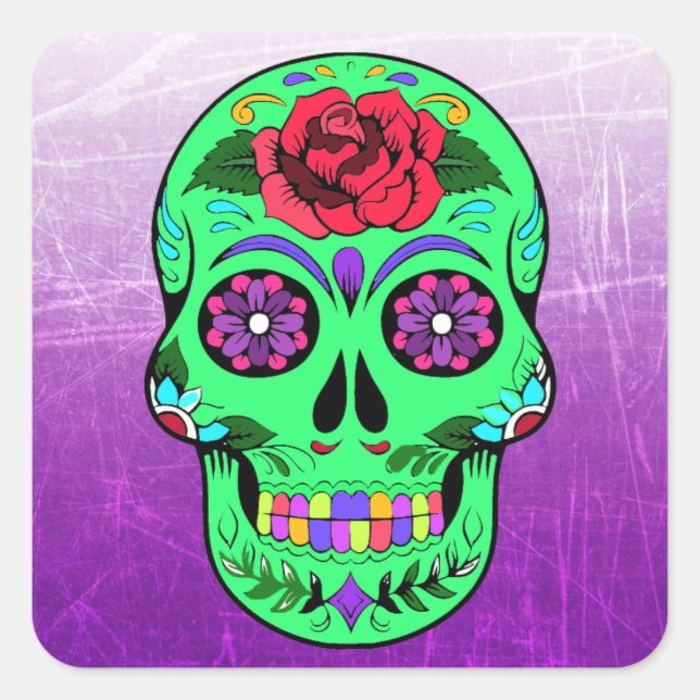 Sugar Skull Halloween Lime Green  Purple Square Sticker (Front)