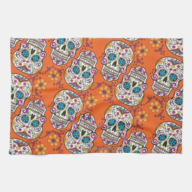 Sugar Skull Halloween Orange Tea Towel (Horizontal)