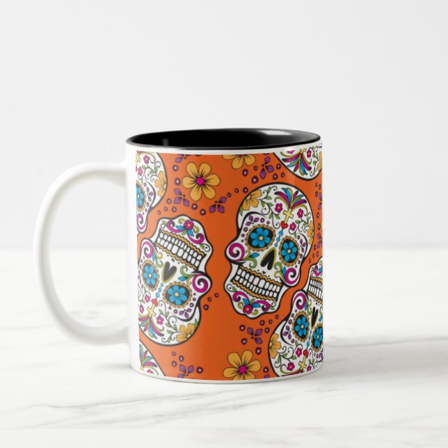 Sugar Skull Halloween Orange Two-Tone Coffee Mug (Left)