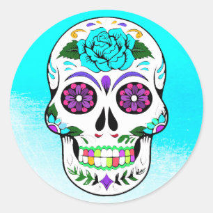 Sugar Skull Halloween Teal Purple Classic Round Sticker